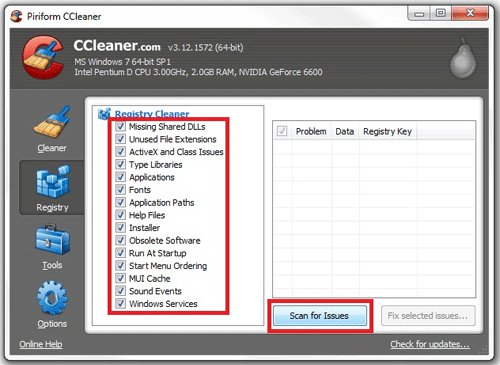 CCleaner Registry Tool Setting Options, Scan for Issues